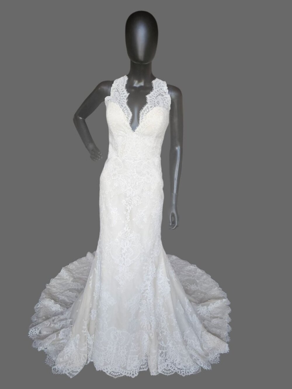 NEW Nude/Ivory Full Lace Racerback V-Neck Fit/Flare Wedding Gown - San Patrick